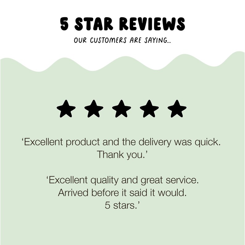 Five 5-star reviews with text that reads 'Excellent product and the delivery was quick. Thank you.' and 'Excellent quality and great service. Arrived before it said it would. 5 stars.'