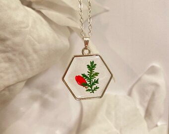 Groene varen met rode zonnebloemblad ketting | Handgemaakte sieraden | Echte geperste bloemen | Hars Ketting | Gedroogde bloemen | 18in Ketting Ketting
