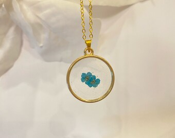 Blue Forget Me Not Necklace | Handmade Jewelry | Real Pressed Flowers | Resin Necklace | Dried Flowers | 18in Chain Necklace