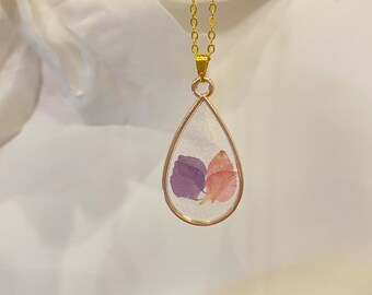 Pink and Purple Flower Necklace | Handmade Jewelry | Real Pressed Flowers | Resin Necklace | Dried Flowers | 18in Chain Necklace