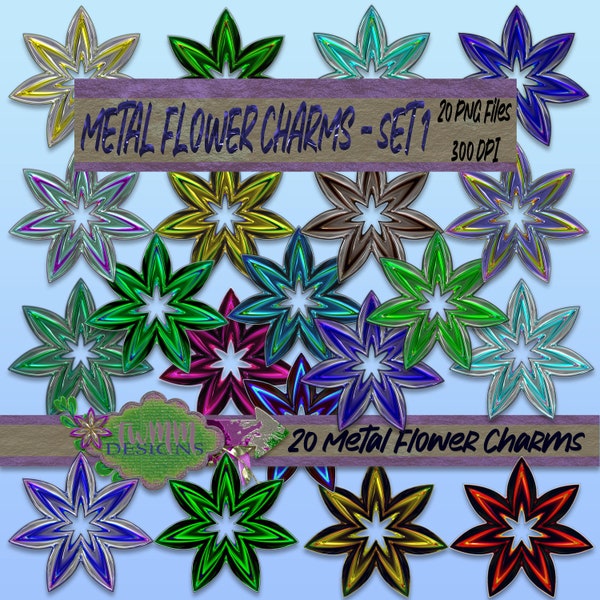 20 Digital Metal Flower Charms with a shiny metallic colorful 3D look saved as PNG files at 300DPI for art, craft, and scrapbook projects