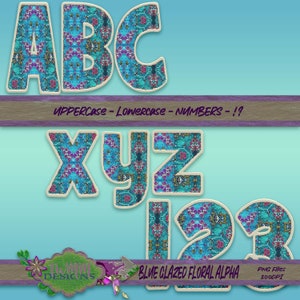 May include: Blue glazed floral alphabet clipart with uppercase letters, lowercase letters, and numbers 1, 2, and 3. The letters and numbers are outlined in white and have a blue, pink, and gold floral pattern.