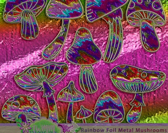 Puede incluir: Un conjunto de nueve setas de metal con efecto de lámina de aluminio arcoíris con acabado holográfico. Las setas son de varios tamaños y formas, algunas con manchas y otras con rayas. Las setas están sobre un fondo rosa y verde.