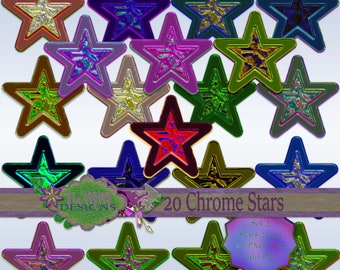 3D Chrome Stars: Colorful Metallic PNG Graphics (Set 2)