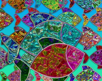 Puede incluir: Un mosaico colorido de peces con escamas iridiscentes. Los peces están dispuestos en un patrón en capas, con algunos superpuestos. Los peces son de todos los colores, incluidos el rojo, el azul, el verde, el amarillo y el morado.