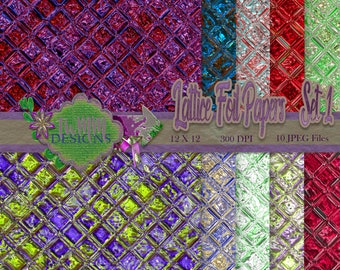 Puede incluir: Un conjunto de 10 papeles digitales con un diseño de lámina de celosía en varios colores, incluidos rojo, azul, verde y plateado. Los papeles son de 12x12 pulgadas y 300 DPI.  "Lattice Foil Papers Set 1" está escrito en la imagen.