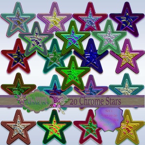 20 digitale 3D kleurrijke metallic CHROME STARS - Set 1 opgeslagen op 300DPI PNGs met duidelijke achtergrond voor ontwerpen van hoge kwaliteit