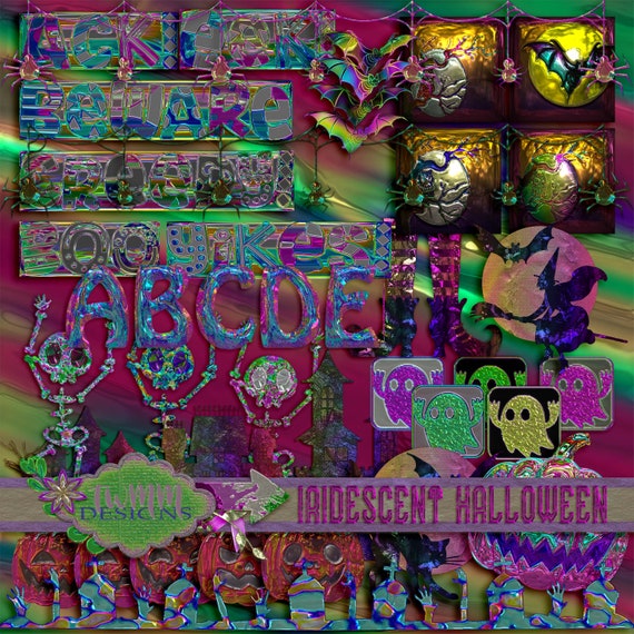 Iridescent Halloween Digital Scrapbook Kit: Shimmery Papers & Elements