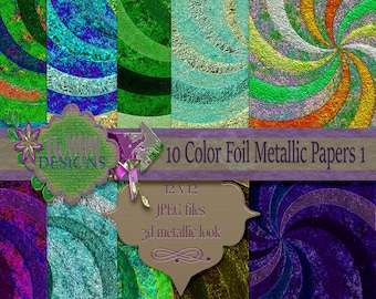 Puede incluir: Diez papeles digitales con un aspecto metálico 3D. Cada papel presenta un patrón en espiral en un color diferente, incluyendo verde, azul, morado, naranja y plateado. Los papeles miden 30,48 cm por 30,48 cm y están en formato JPEG.