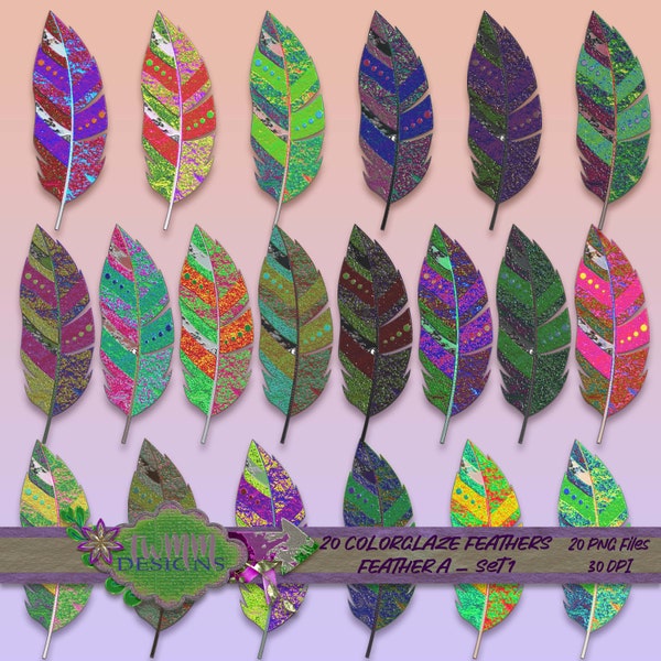 20 Digital COLORFUL GLAZE FEATHERS with a 3D shiny glazed paint look - Feather A Set 1