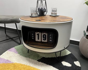 Ölfass-Couchtisch mit Holz, Kommode, nutzbar als Beistelltisch, Minibar, Tisch, interior design, Barschrank, Holztisch, Fassbar, Sideboard
