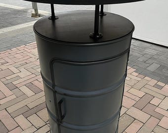 Oil drum bar table - usable as a bar, cabinet, chest of drawers, shelf, standing table, table, with wood, also party table, cocktail bar, minibar or coffee bar