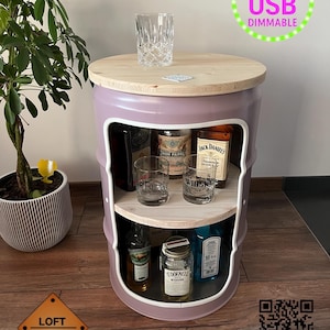 Unique oil drum side table with wooden boards, usable as a bedside table, minibar, bar cabinet, cupboard or coffee bar, loft table barrel