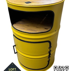 Tavolino a forma di botte, utilizzabile come minibar, tavolo da lavoro, cassettiera, bar - in legno e metallo, possibilità di personalizzazioni come loghi.