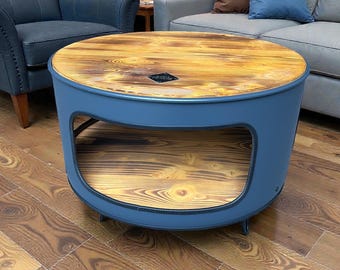 Unique oil drum side table with wooden boards, usable as a coffee table, table, chest of drawers, shelf or sideboard, bar, loft design