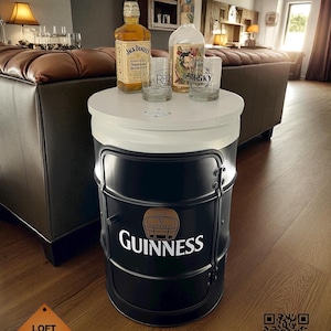 Unique oil drum side table with wooden boards, usable as a bedside table, minibar, bar cabinet, cupboard or coffee bar, loft table barrel