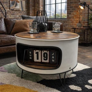 Mesa de centro de barril de aceite con madera, cómoda, utilizable como mesa auxiliar, minibar, bar, diseño de interiores, barra de barril, estante, aparador