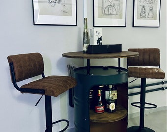 Oil drum bar - usable as a minibar, cabinet, party table, standing table, sideboard, highboard made of wood and metal, cocktail bar, barrel, table, coffee bar