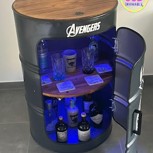 Minibar de barril de aceite: utilizable como minibar, armario, cómoda, estante, mesa de pie, mesa, con madera, barra de barril hecha a mano o barra de café, barril, mesa