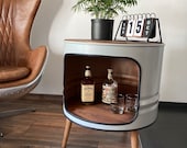 Fassbar aus einer Tonne, Hundebett handgefertigt aus Holz und Metall, Nachttisch mit Holzbeine fürs Schlafzimmer, Minibar aus Holz nach RAL