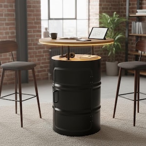 Barrel furniture with door, usable as a standing table for the garden or terrace, bar cabinet made from a steel barrel for a home bar or minibar