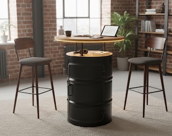 Fassmöbel mit Tür, nutzbar als Stehtisch für den Garten oder Terasse, Barschrank aus einem Stahlfass für Hausbar oder Minibar