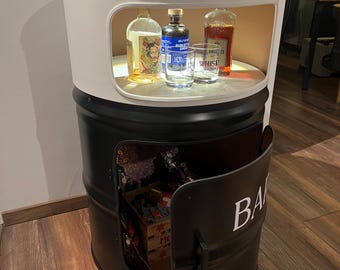 Oil drum - standing table with wood and metal | Oil drum bar as a cabinet & cocktail bar