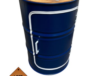 May include: A dark blue metal barrel cabinet featuring a circular light wood top, a white-trimmed door with a white handle, and a small square label on the surface that reads LOFT DESIGN. The barrel has a cylindrical shape with horizontal ridges.