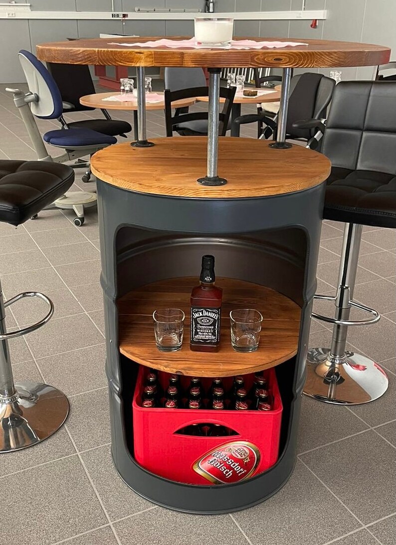 Barrel Fassmöbel Loftmöbel Stehtisch table Gift Geschenk Barrel Whisky shelf wood coffetable loop tafel plank Handarbeit Halloween bar Regal Anthrazit RAL 7016