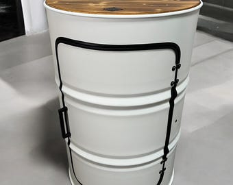 Wine barrel bar cabinet made of metal and wood, minibar or standing table made from a metal barrel