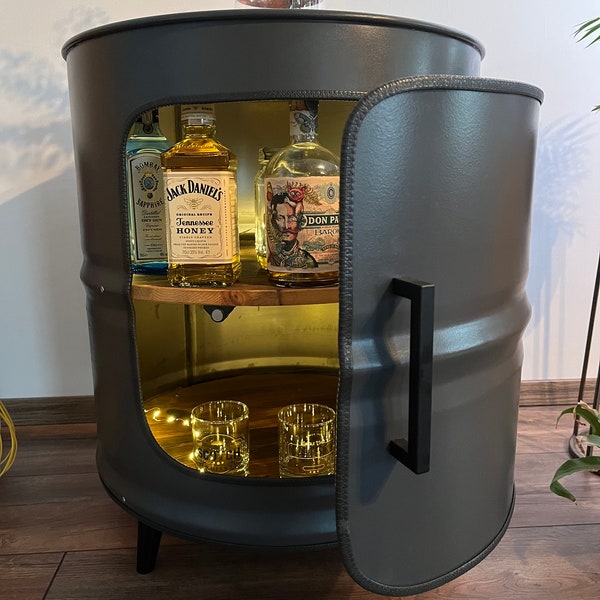 Tangible Minibar Tonneau Bois Acier Étagère à Whisky Table basse Table d'appoint Tableau baril tunna Tabell tønde Meuble de comptoir Commode Tableau TV