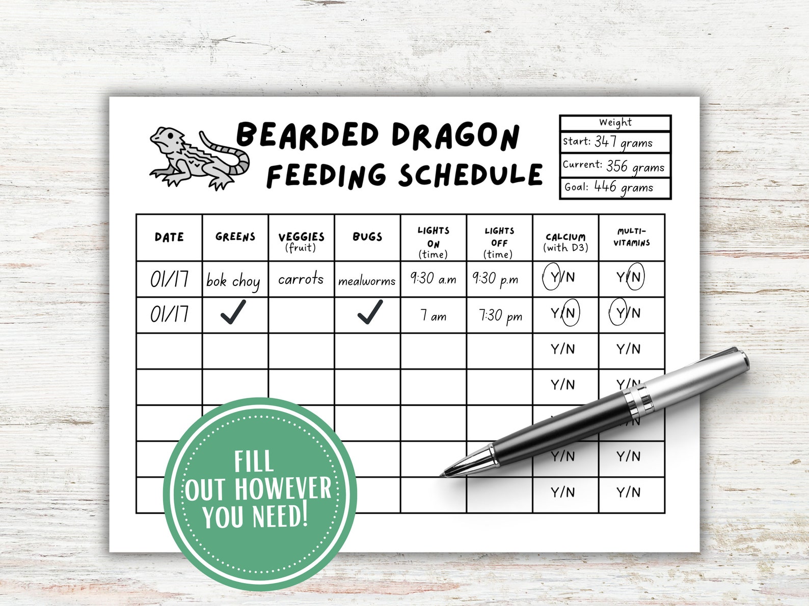 Weekly Bearded Dragon Feeding Chart - Etsy