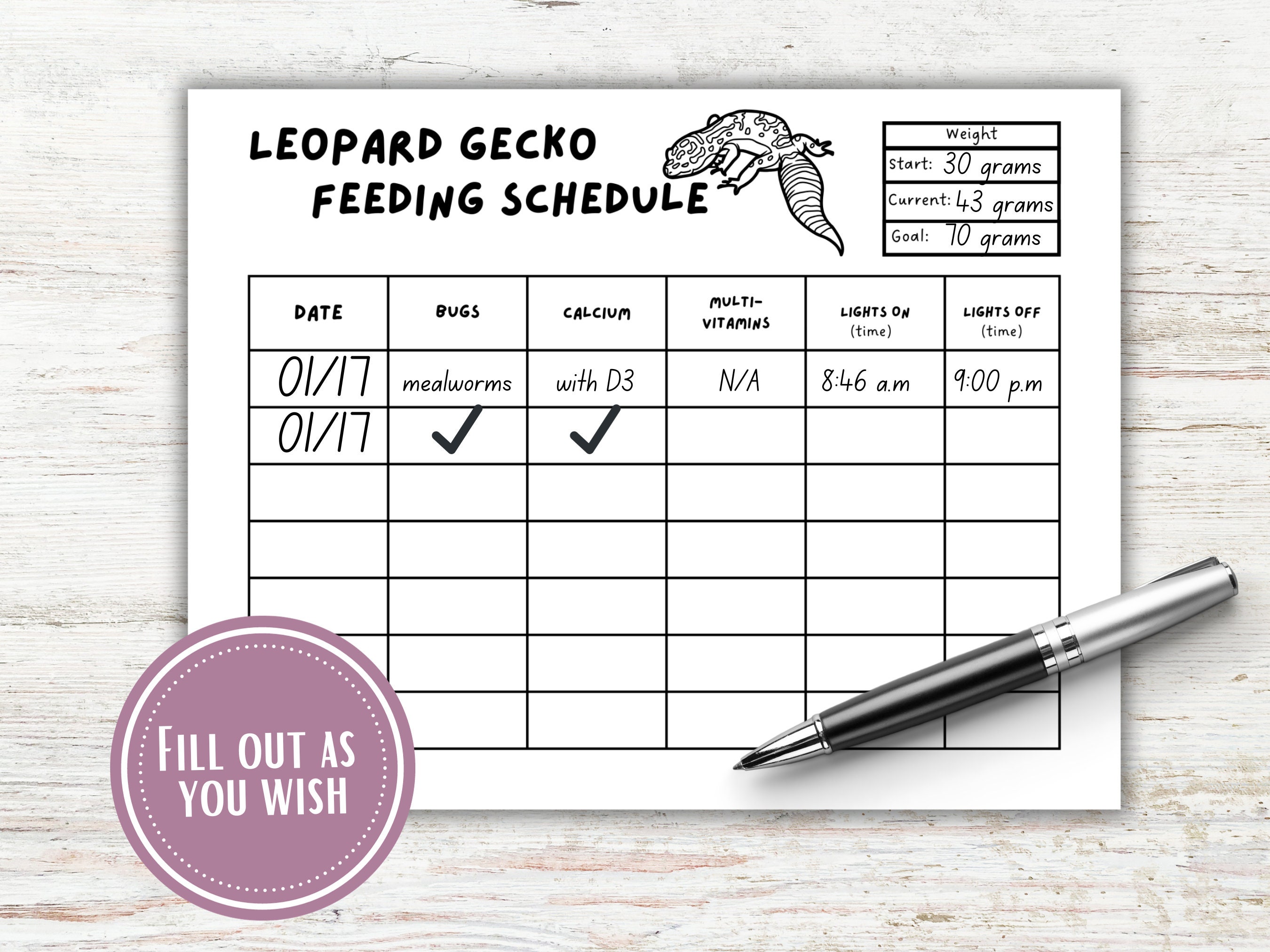 View of Leopard Gecko Weekly Feeding Schedule/chart - Etsy