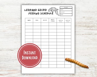 May include: A printable leopard gecko feeding schedule with sections for date, bugs, calcium, multi-vitamins, lights on time, and lights off time. There is also a section for weight tracking with start, current, and goal weight. The printable features a cartoon leopard gecko.