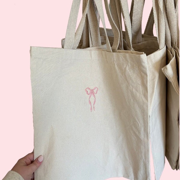 Pink Embroidered Bow Canvas Tote Bag Coquette