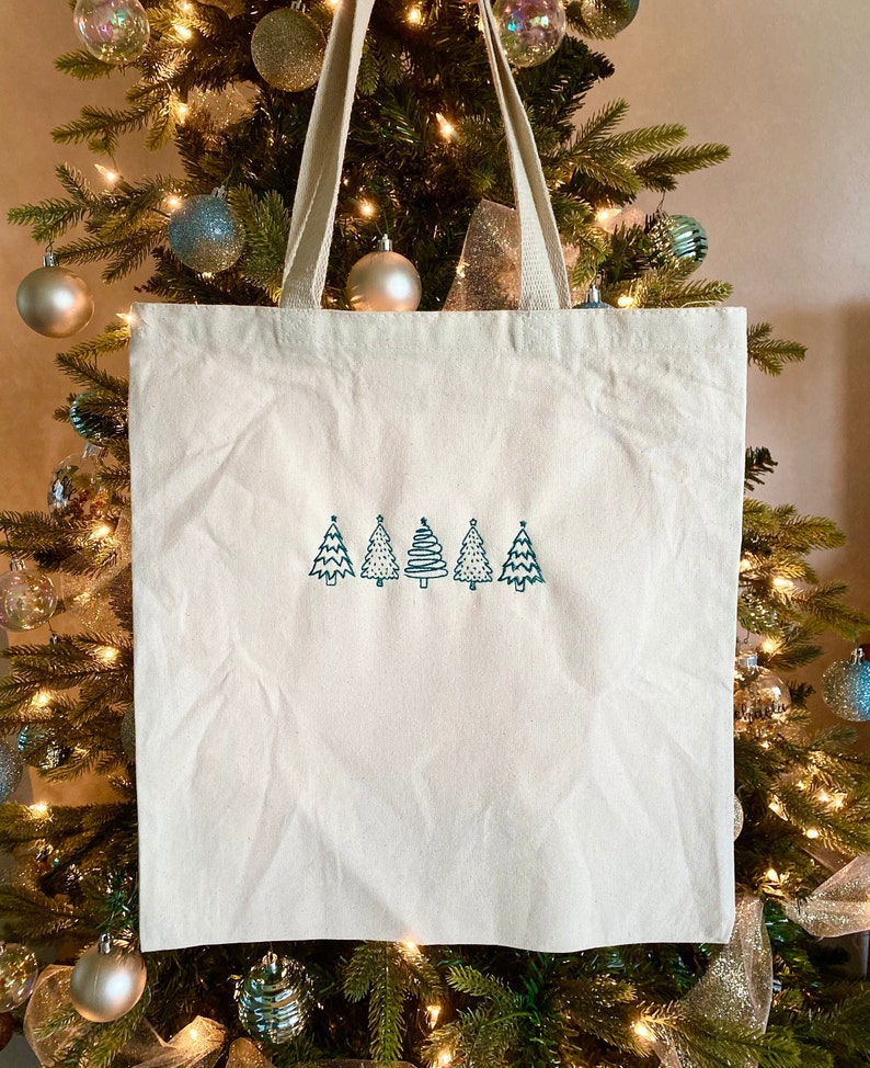 Christmas Trees Embroidered Tote Bag Etsy
