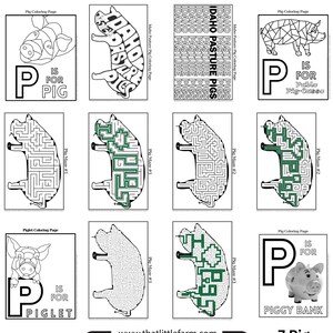 Op de afbeelding: Een set met printbare kleurplaten en doolhoven met varkens. De pagina's bevatten een biggetje, een spaarpot en een varken in een weide. De doolhoven zijn zwart-wit en hebben oplossingen. De pagina's zijn ontworpen voor kinderen en zijn perfect voor educatieve activiteiten.