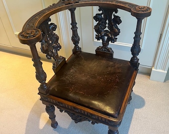 Antique Austrian Corner Chair 19th Century Carved Wood Leather Seat Biedermeier Style Vintage Accent Chair