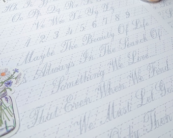 Copperplate Calligraphy Guided Practice Sheets | US Letter + A4, 8 Pages | Wedding, Letters | Strokes, Uppercase, Lowercase | Farewell