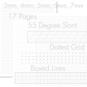 Blank Sheets Calligraphy Lettering, 3mm, 4mm, 5mm, 6mm, 7mm, Guided, 55 Degrees, Dotted, Grid Lines | US Letter + A4 | 17 Pages | Farewell