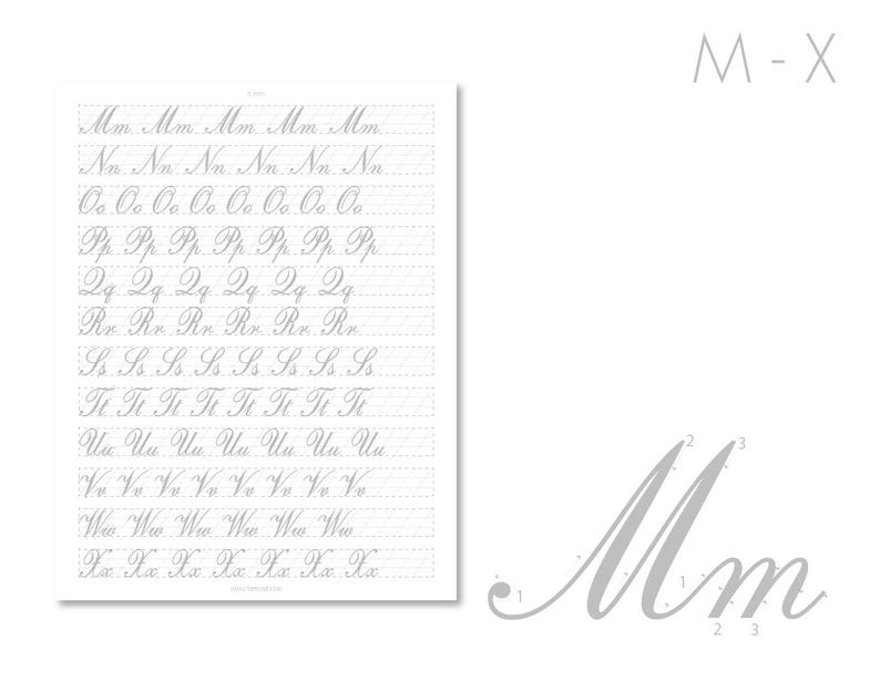 Copperplate Calligraphy Guided Practice Sheets | US Letter + A4, 8 Pages | Wedding, Letters | Strokes, Uppercase, Lowercase | Farewell image 7