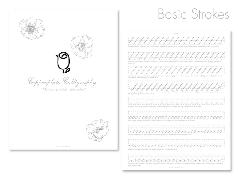 Copperplate Calligraphy Guided Practice Sheets | US Letter + A4, 8 Pages | Wedding, Letters | Strokes, Uppercase, Lowercase | Farewell image 5