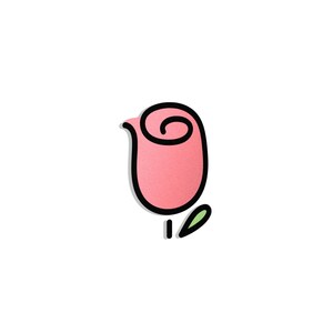 May include: A stylized graphic illustration of a rosebud featuring a soft pink petal structure with a thick black outline. The design includes a single small green leaf positioned at the base of the stem, rendered in a clean, flat, and minimalist vector style.
