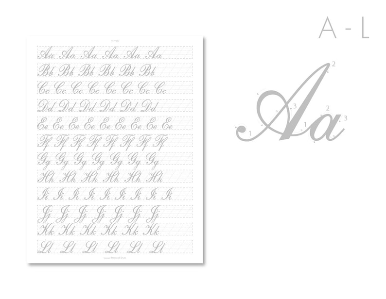 Copperplate Calligraphy Guided Practice Sheets | US Letter + A4, 8 Pages | Wedding, Letters | Strokes, Uppercase, Lowercase | Farewell image 6