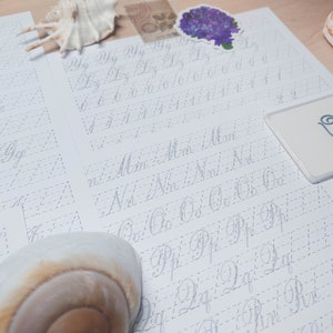 May include: A white sheet of paper with dotted lines for practising cursive handwriting. The paper has the alphabet written in cursive on it, with the letters "Mm" and "Nn" highlighted. There are two seashells on the paper, one on the left and one on the right. A small white card with a blue flower design is on the right side of the paper.