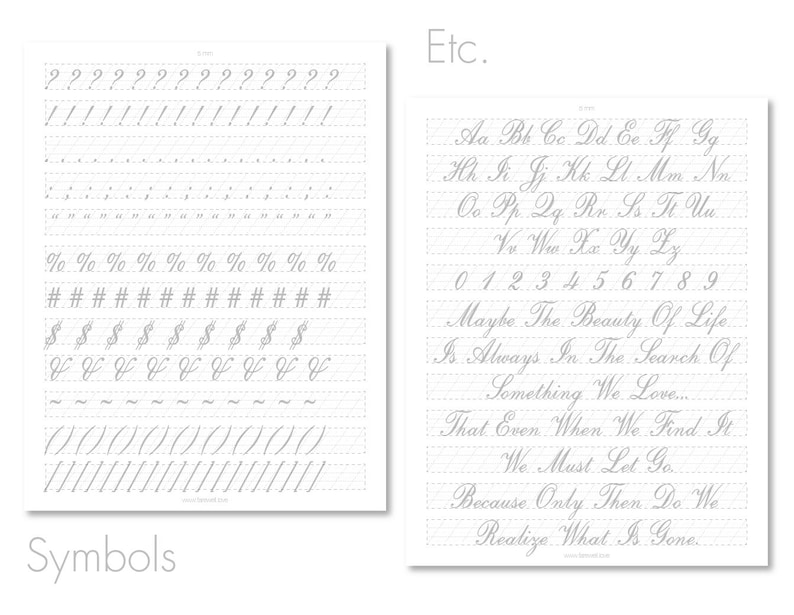 Copperplate Calligraphy Guided Practice Sheets | US Letter + A4, 8 Pages | Wedding, Letters | Strokes, Uppercase, Lowercase | Farewell image 9