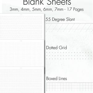 May include: A set of 17 blank sheets featuring various practice layouts including 3mm, 4mm, 5mm, 6mm, and 7mm spacing. The sheets display a 55 degree slant, dotted grid, and boxed lines, providing structured guides for handwriting and calligraphy practice.