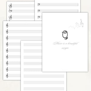Può includere: Una collezione di fogli di carta da musica bianca con pentagrammi neri. Un foglio presenta un'icona di rosa, note musicali e il testo "Music is a beautiful escape". Altri fogli mostrano simboli di chiave di violino o di basso sui pentagrammi.