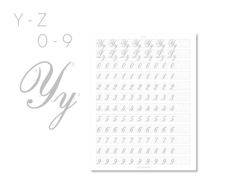 Copperplate Calligraphy Guided Practice Sheets | US Letter + A4, 8 Pages | Wedding, Letters | Strokes, Uppercase, Lowercase | Farewell image 8