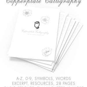 Kompletne 28-stronicowe arkusze do ćwiczeń kaligrafii Copperplate | Litera US + A4 | Ślub, litery | Wielkie litery, małe litery, cyfry | Pożegnanie